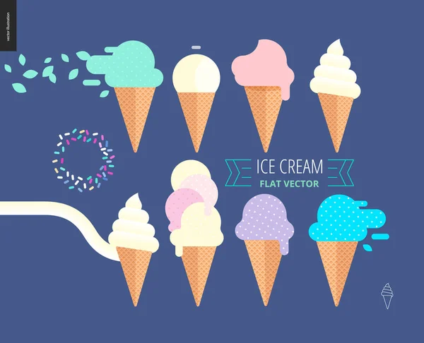 Cuillères à crème glacée en cônes de gaufres sur fond bleu foncé — Image vectorielle