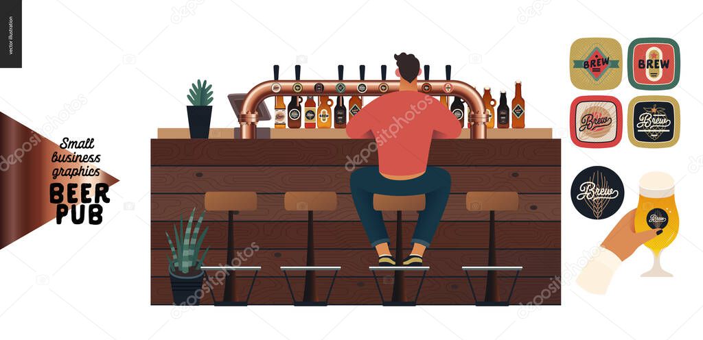 Brewery, craft beer pub - small business graphics - a male visitor at the bar counter