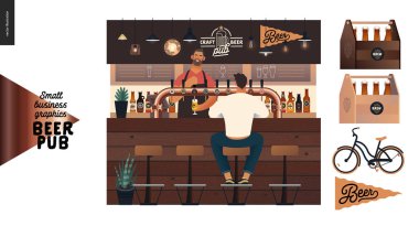 Bira fabrikası, zanaat bira barı - küçük işletme grafikleri - bar tezgahında bir erkek ziyaretçi