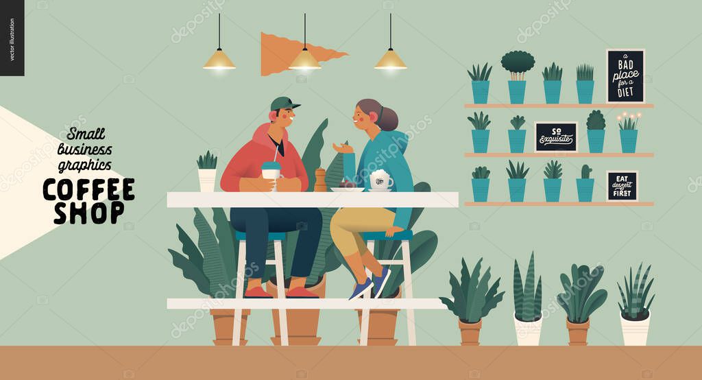 Coffee shop -small business illustrations -visitors -modern flat vector concept illustration of a young couple, cafe visitors, sitting at the high table with coffee, lamps above surrounded by plants
