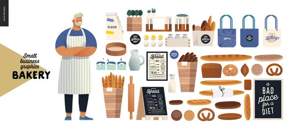 Φούρνος - γραφικά μικρών επιχειρήσεων - αρτοποιός, ψωμί και στοιχεία — Διανυσματικό Αρχείο