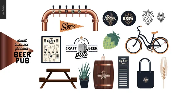 Sörfőzde, kézműves söröző - kisvállalkozási grafika - kocsmai elemek — Stock Vector