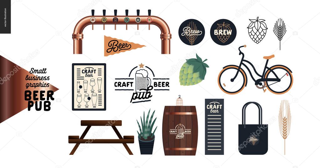 Brewery, craft beer pub - small business graphics - pub elements -modern flat vector concept illustrations - draught beer tower, logo, hop, wheat, bicycle, branded bag, menu, beer flag, table, plant