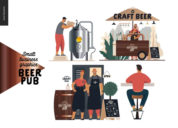 Cervecería, pub de cerveza artesanal - gráficos de pequeñas empresas - conjunto — Archivo Imágenes Vectoriales