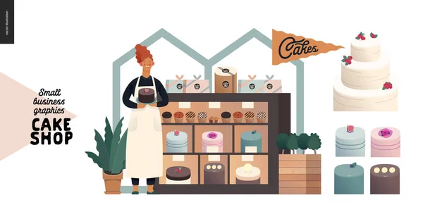 Cake shop - kleine zakelijke graphics - eigenaar op het display — Stockvector