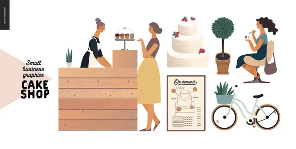 Süteménybolt - kisvállalkozások grafikája - pék és ügyfél — Stock Vector