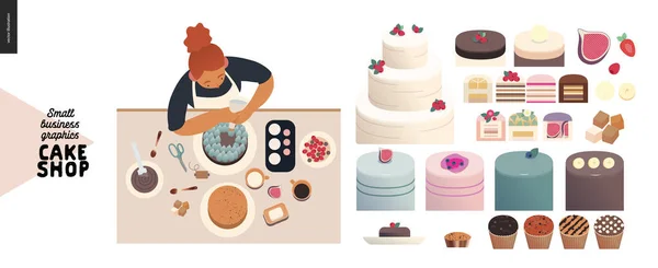 Loja de bolos - gráficos de pequenas empresas - variedade de bolos e um processo — Vetor de Stock