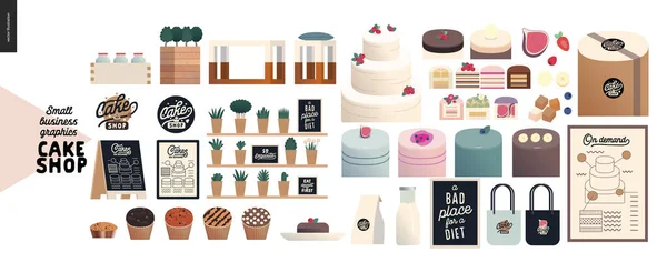 Loja de bolos - gráficos de pequenas empresas - sortimento de bolos — Vetor de Stock