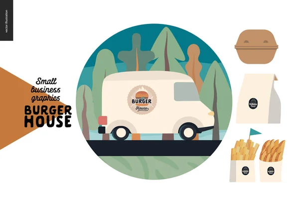 Burger σπίτι - μικρές επιχειρήσεις γραφικών - παράδοση εικονίδιο και τα τρόφιμα — Διανυσματικό Αρχείο