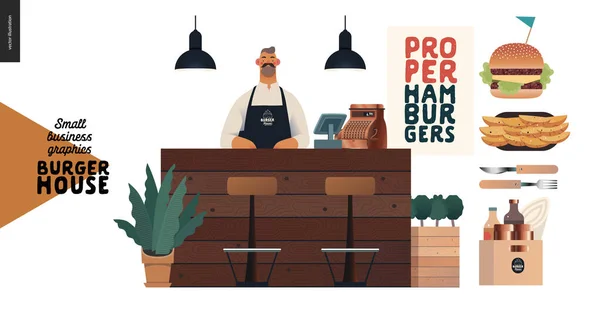 Burger house - gráficos de pequenas empresas - garçom e comida — Vetor de Stock