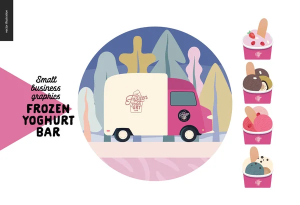 Bar de iogurte congelado - gráficos de pequenas empresas - ícone de entrega e restauração — Vetor de Stock