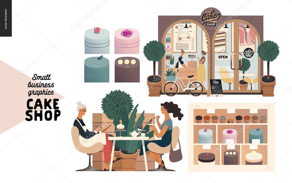 Cake shop, cakes on demand - small business graphics - set -modern flat vector concept illustrations - a seller filling in the demand form a customer sitting in the armchairs, showcase, shop facade
