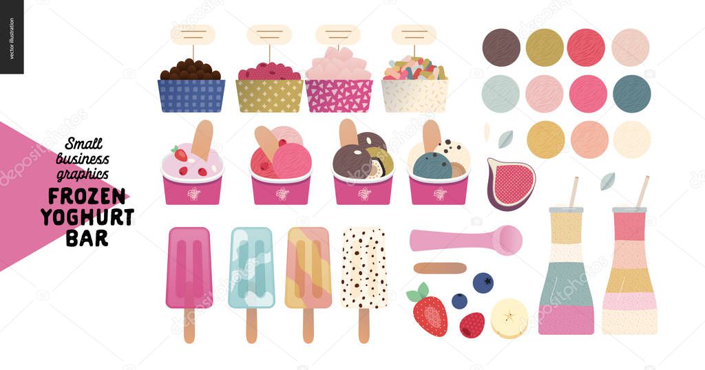 Frozen yoghurt bar - small business graphics - shop elements -modern flat vector concept illustrations - pavement stand, logo, blackboard, branded bag, menu, table, plants, posters, cash register