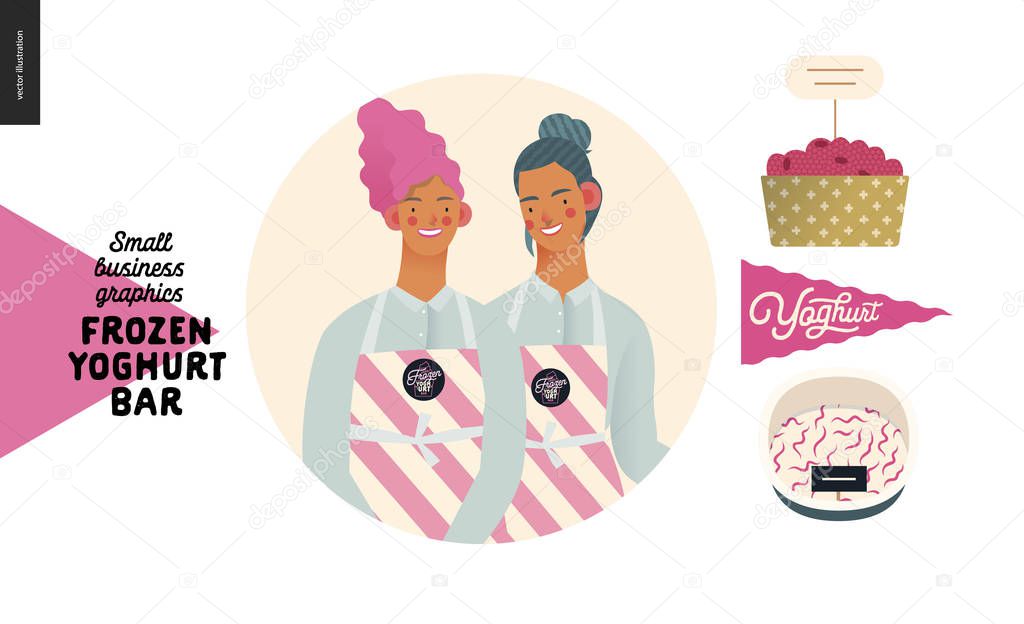Frozen yoghurt bar - small business graphics - about company icon -modern flat vector concept illustrations - web icon - two women, bar owners, wearing striped aprons, berries, yoghurt, flag