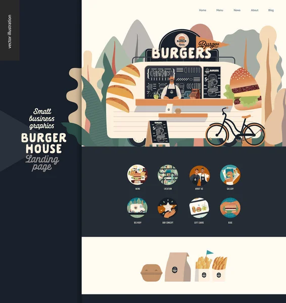 Burger House - küçük işletme grafikleri - iniş sayfası tasarım şablonu — Stok Vektör