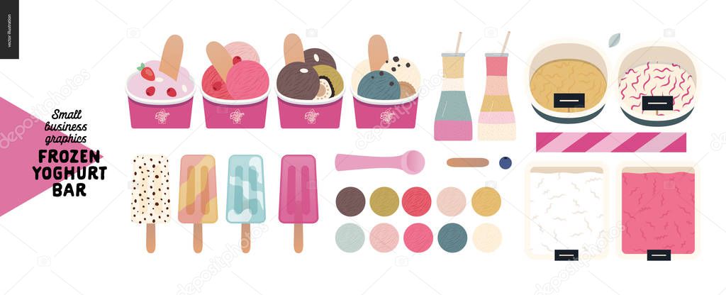 Frozen yoghurt bar -small business graphics -product range -modern flat vector concept illustrations -frozen yoghurt and ice cream trays, topping, sprinkles, posicle, paper cups, milkshakes, scoops