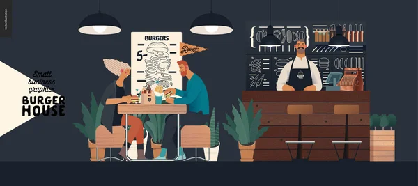 Burger House - småföretag grafik - besökare och bartender — Stock vektor