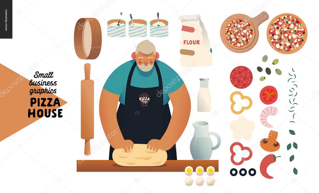 Pizza house -small business graphics -baker. Modern flat vector concept illustrations -a bearded man wearing a black branded apron kneadding the dough, ingredients, rolling pin, sieve, dough, topping