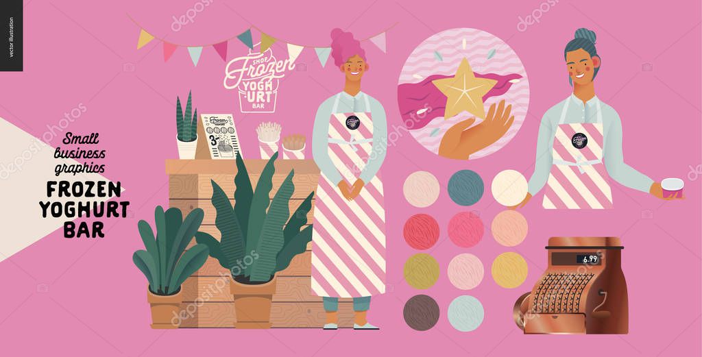 Frozen yoghurt bar - small business graphics - shop owner -modern flat vector concept illustrations - smiling woman wearing striped apron at the counter, range of frozen yoghurt and ice cream
