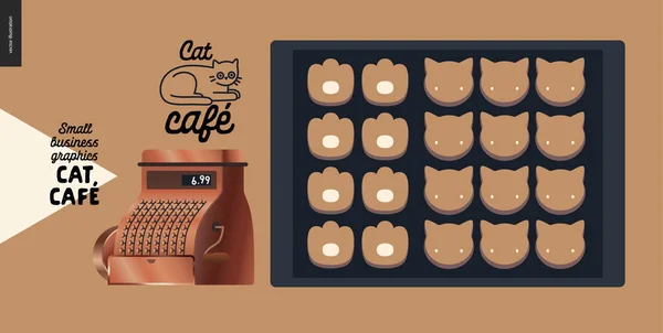 Cat cafe - malá firemní grafika - kočičí tvar cookies — Stockový vektor