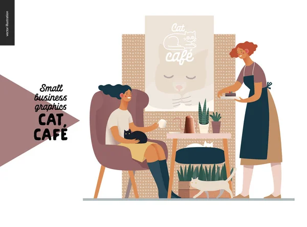 Cat cafe - mała grafika biznesowa - gość i kelnerka — Wektor stockowy