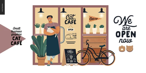 고양이 카페 - 작은 사업용 그래픽 - 가게 앞에 있는 주인 — 스톡 벡터