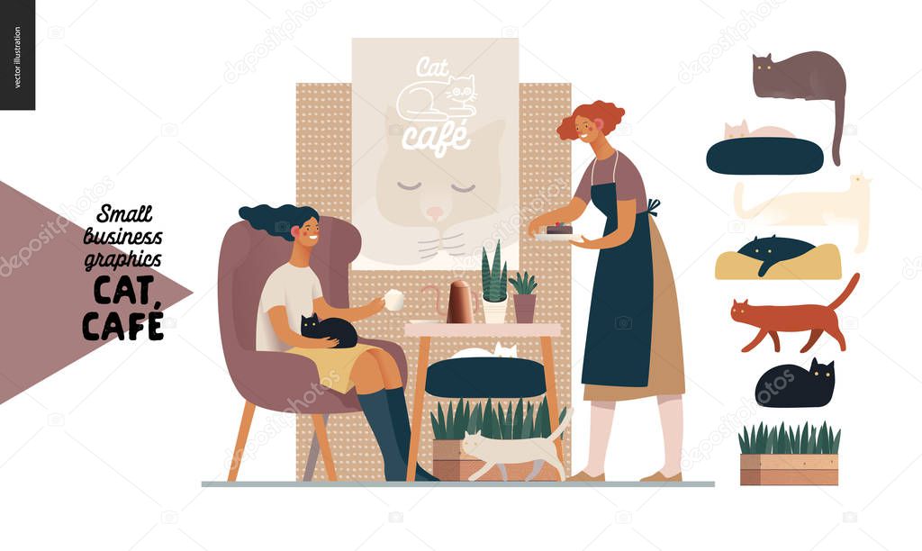 Cat cafe - small business graphics - visitor and waitress