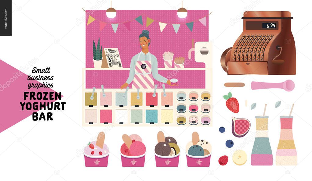 Frozen yoghurt bar - small business graphics - shop owner and shop elements -modern flat vector concept illustrations - young woman wearing apron, bar decoration, cash register, milkashake, ice cream