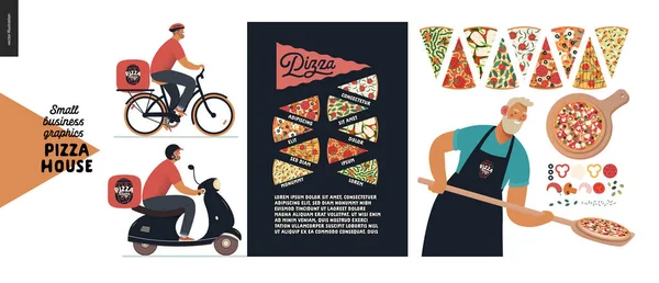 Пиццерия - графика малого бизнеса - пекарь и курьер — стоковый вектор