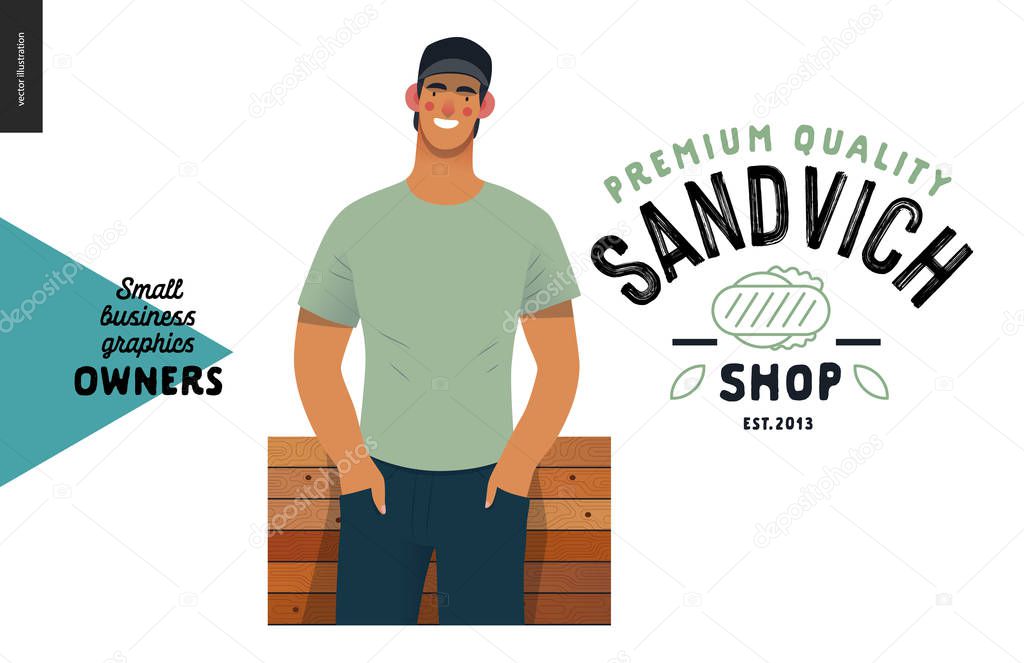 Sandvich shop -small business owners graphics -owner. Modern flat vector concept illustrations - young man wearing baseball cap, standing at the wooden counter. Shop logo