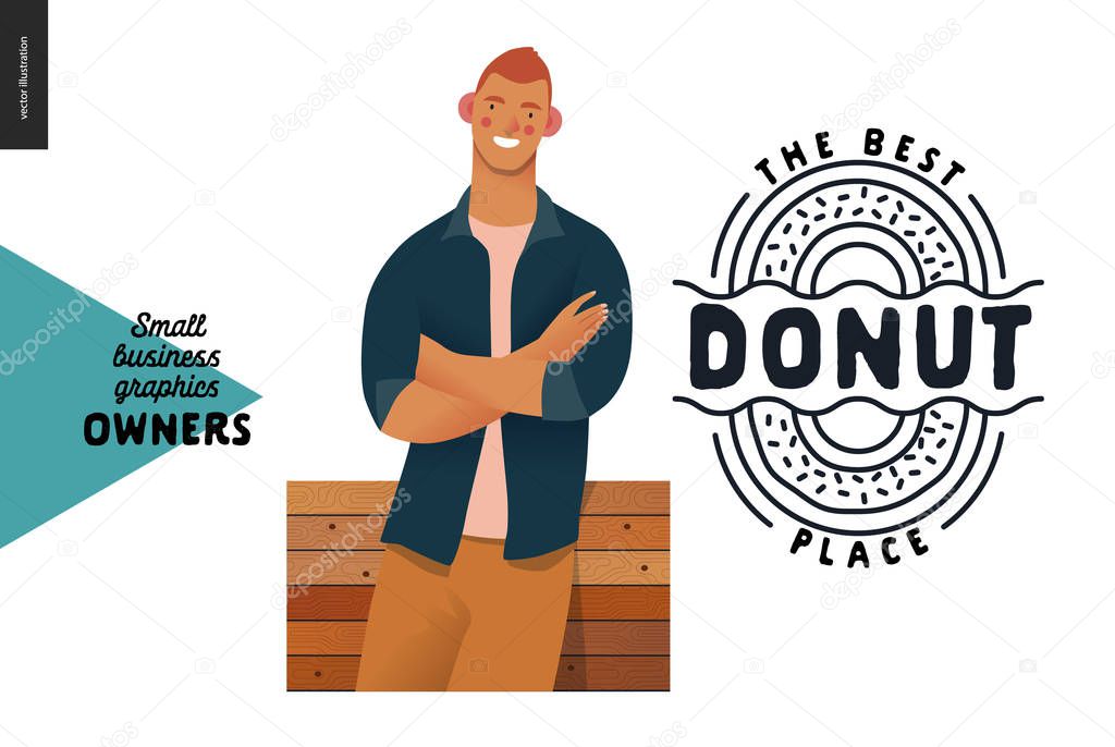 Donut shop -small business owners graphics -owner. Modern flat vector concept illustrations - young man, standing at the wooden counter crossing his hands. Shop logo