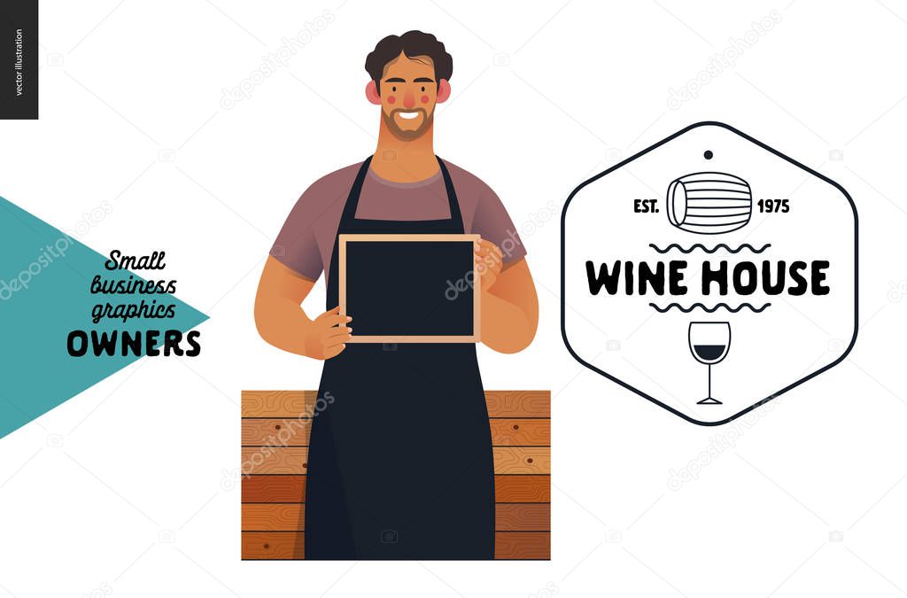 Wine house -small business owners graphics -owner with a blackboard. Modern flat vector concept illustrations - young man wearing black apron, standing at the wooden counter. Shop logo