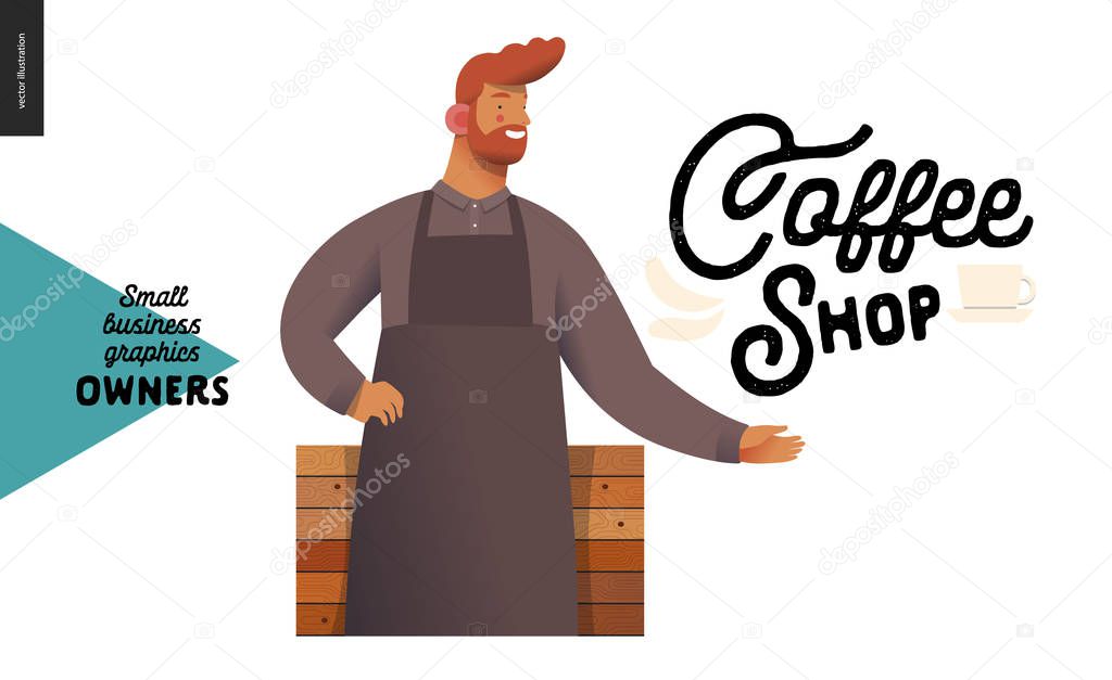 Coffee shop -small business owners graphics -owner. Modern flat vector concept illustrations - young red-haired bearded man wearing brown apron, standing at the wooden counter. Shop logo