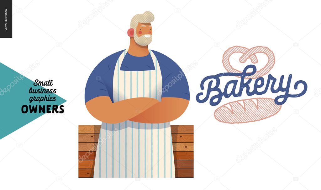Bakery -small business owners graphics -owner. Modern flat vector concept illustrations - young blonde bearded man wearing striped apron, standing at the wooden counter crossing his hands. Shop logo