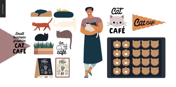Cat cafe - grafis bisnis kecil - pemilik, kucing dan kue - Stok Vektor