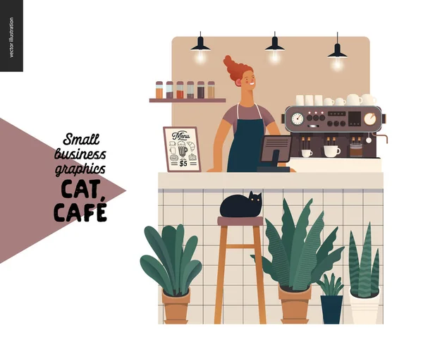 Cat cafe - γραφικά μικρών επιχειρήσεων - barista στον πάγκο — Διανυσματικό Αρχείο