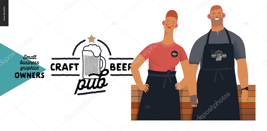 Craft beer pub -small business owners graphics - two owner. Modern flat vector concept illustrations - young woman and man wearing black apron, standing at the wooden counter. Shop logo
