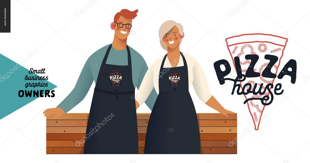 Pizza house -small business owners graphics -owners. Modern flat vector concept illustrations - young woman and man wearing black aprons, standing embracing together at the wooden counter. Shop logo