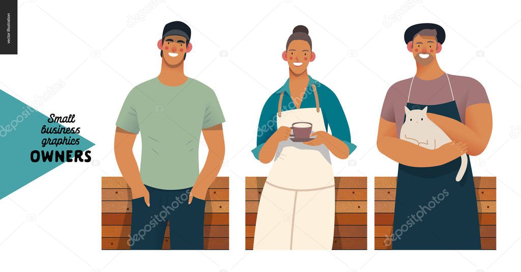 Owners -small business owners graphics. Modern flat vector concept illustrations - young woman wearing white apron, with cup, young man with cat, young man baseball cap, standing at the wooden counter