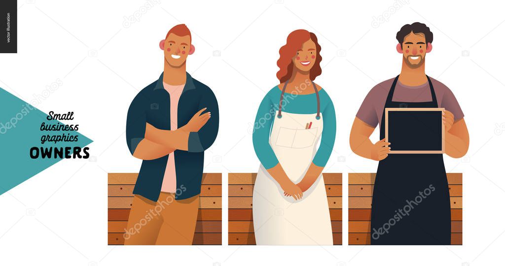 Owners -small business owners graphics. Modern flat vector concept illustrations -young man crossing hands, young woman wearing white apron, young man with a blackboard, standing at the wooden counter
