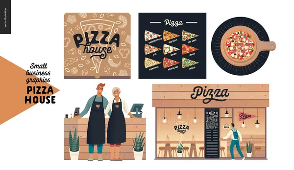Casa de pizza - gráficos de pequeñas empresas - propietarios y fachada — Vector de stock