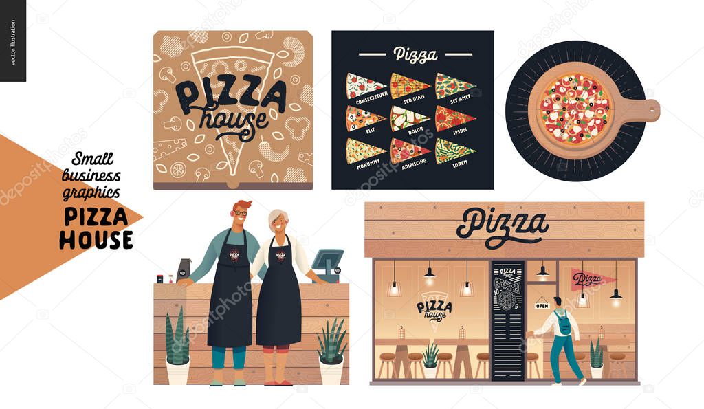 Pizza house -small business graphics -owners and facade. Modern flat vector concept illustrations - man and woman wearing aprons at the wooden counter, pizzeria front, box, poster, pizza on the board