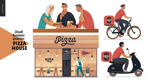 Pizza house - small business graphics - restaurant facade, visitors, delivery — 스톡 벡터