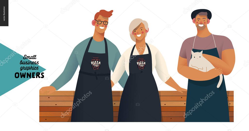 Owners -small business owners graphics. Modern flat vector concept illustrations - young man and woman standing embraced wearing black aprons, young man with a cat, standing at the wooden counter