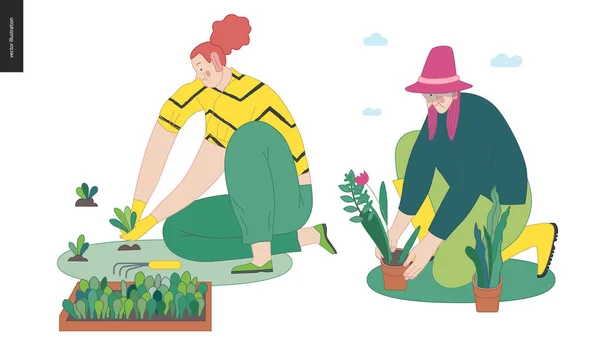 Jardinagem pessoas definido, primavera — Vetor de Stock