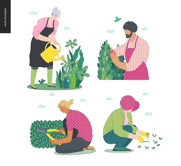 Jardinería conjunto de personas, primavera — Archivo Imágenes Vectoriales