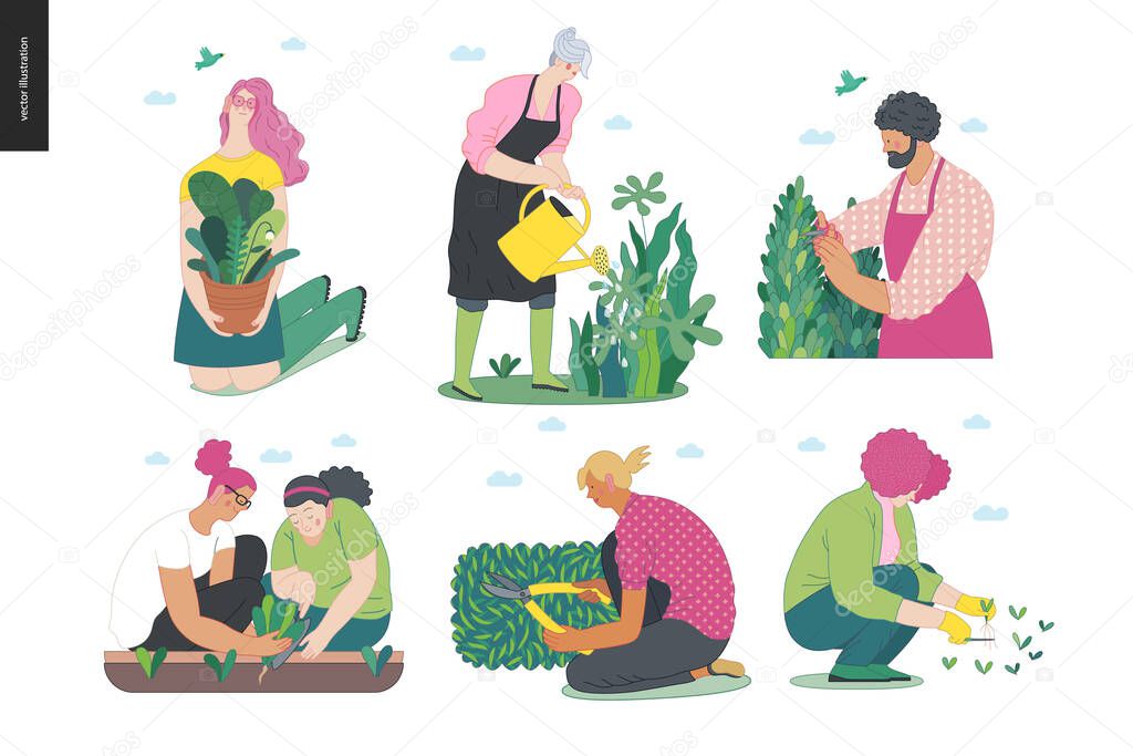 Gardening people set, spring