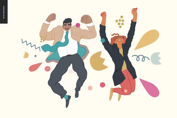 Happy business man and woman jumping in the air cheerfully — Stock Vector