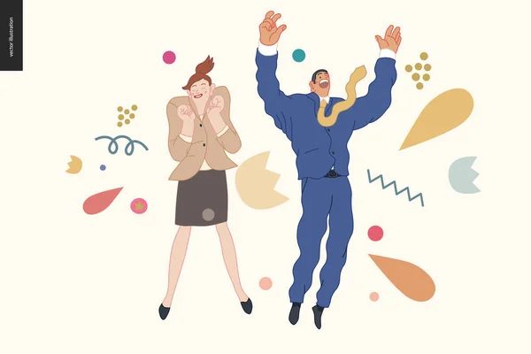Glad affärsman och kvinna hoppar i luften glatt — Stock vektor
