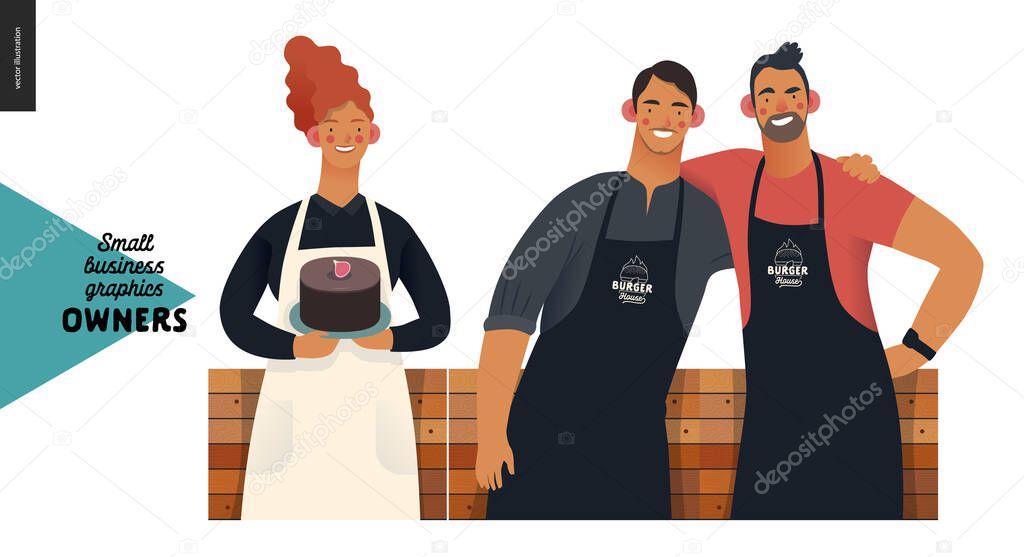 Owners -small business owners graphics. Modern flat vector concept illustrations - young red-haireded woman wearing white apron, with a cake, two young men standing embraced at the wooden counter